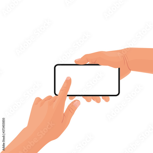 Hands holding the black smartphone with blank screen and modern frameless design. Template vector illustration on isolated background. 
