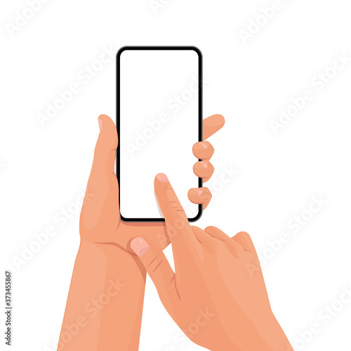 Hands holding the black smartphone with blank screen and modern frameless design. Template vector illustration on isolated background. 