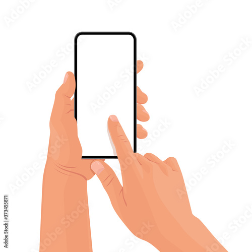 Hands holding the black smartphone with blank screen and modern frameless design. Template vector illustration on isolated background. 