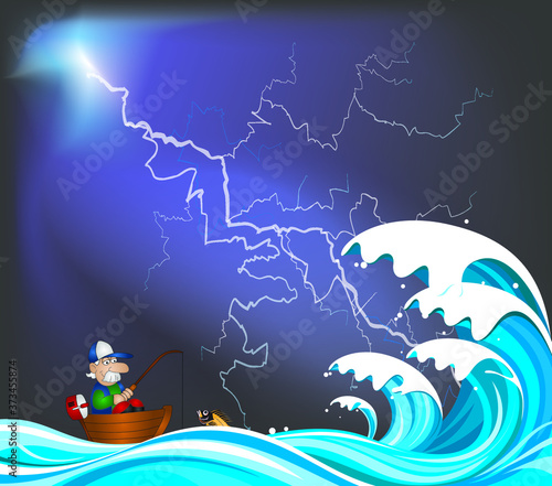 Fisherman at sea in his boat about to be swamped by a large wave set against a dramatic thunderstorm sky