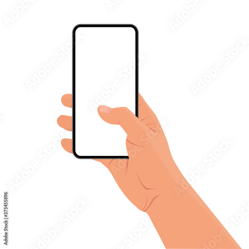 Hand holding the black smartphone with blank screen and modern frameless design. Template vector illustration on isolated background. 