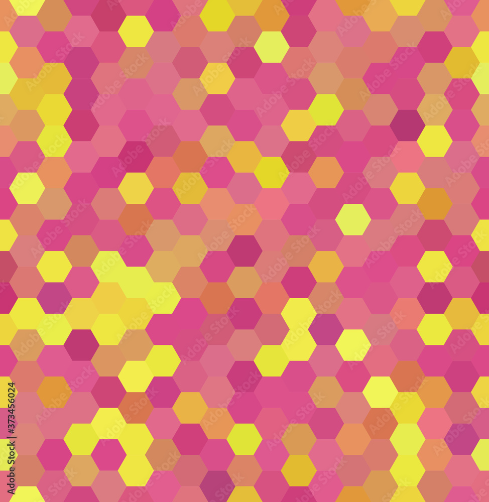 Seamless abstract mosaic background. Hexagons geometric background. Design elements. Vector illustration. Pink, yellow colors.
