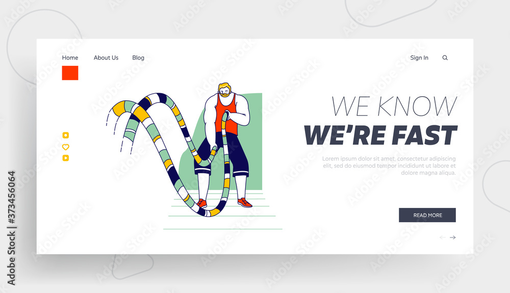 Bodybuilding Sport Landing Page Template. Sportsman Character Battle Rope Fitness Training in Gym. Athlete Bodybuilder Bodybuilding Sport Landing Page Template. Sportsman Character Battle Rope Fitness Training in Gym. Athlete Bodybuilder