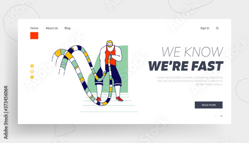 Bodybuilding Sport Landing Page Template. Sportsman Character Battle Rope Fitness Training in Gym. Athlete Bodybuilder