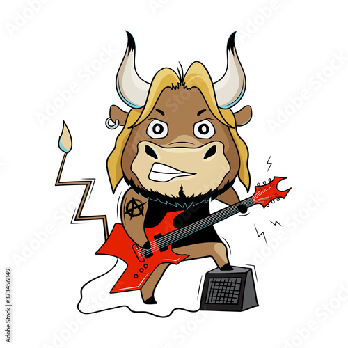 Cool bull plays red electric guitar. Musician at a concert. Cartoon symbol of 2021. Vector illustration