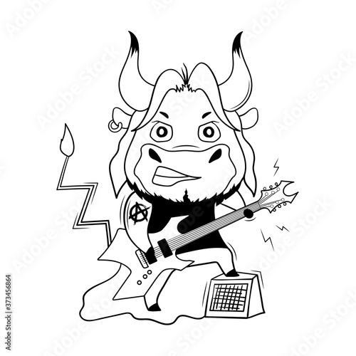 Cool bull plays red electric guitar. Musician at a concert. Cartoon symbol of 2021. Vector illustration