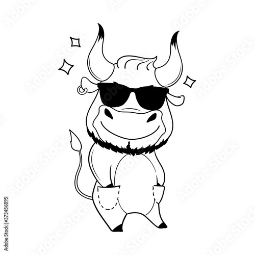 Cool cartoon bull in sunglasses, hands in pockets. Symbol of 2021. Vector illustration