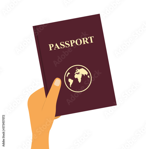 the hand holds a foreign passport and submits it. Flat design vector illustration. Isolated on white background.