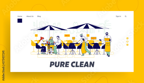 Restaurant Disinfection Landing Page Template. Coronavirus Infection Spreading Prevention. Characters at Outdoor Cafe