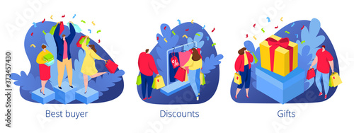 Store buyer character at sale, discount, get gift vector illustration. Happy people at cartoon shop set, purchase for person man woman customer. Flat gift box for girl, buy in supermarket concept.