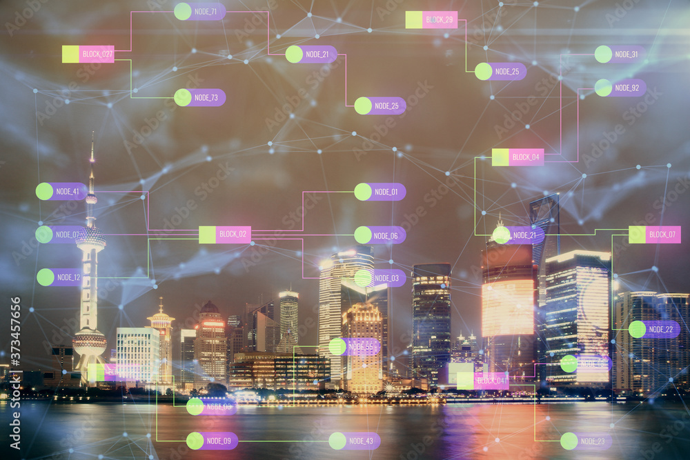 Data theme hologram drawing on city view with skyscrapers background double exposure. Ai concept. Data theme hologram drawing on city view with skyscrapers background double exposure. Ai concept.