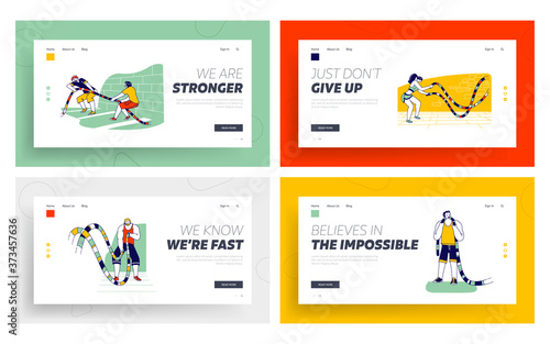 Sports Characters with Battle Rope Functional Fitness Training in Gym Landing Page Template Set. Men Tug of War Exercise