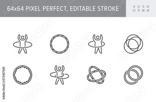 Hula hoop line icons. Vector illustration included icon as happy child with hulahoop, fat man exercise outline pictogram for gym. 64x64 Pixel Perfect Editable Stroke