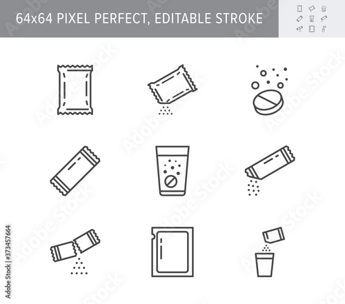 Sachet line icons. Vector illustration included icon as sugar powder packet, soluble pill, effervescent effect outline pictogram for medicine. 64x64 Pixel Perfect Editable Stroke