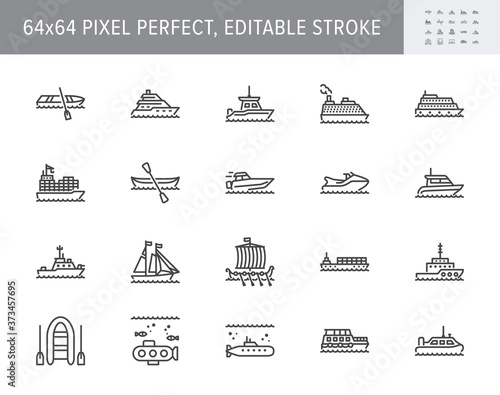 Ship, boat line icons. Vector illustration included icon as yacht, cruise, cargo shipping, submarine, ferry, canoe, schooner outline pictogram for water transport. 64x64 Pixel Perfect Editable Stroke