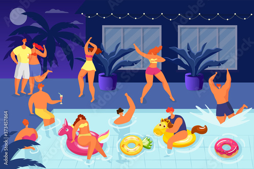 People have fun at water pool party, summer night holiday with happy man woman vector illustration. Young character in bikini drink, dance and swim. Enjoying cocktail in flat swimwear.