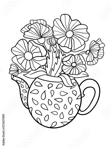bouquet of flowers in pots for watering vector illustration coloring book for kids and adults isolate on white background doodle sketch background for gardening