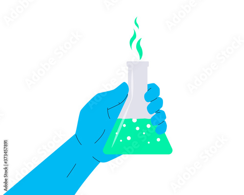 Chemical flask in the hand. Vector illustration of gloved hand holding a flask. Icon of a bright pink liquid in a vial. Concept of vaccine, chemical expirements, medical research, science achievement