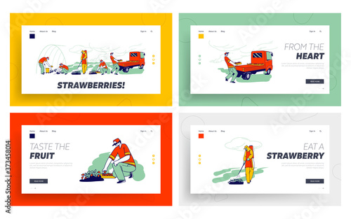 Strawberry Farm Workers Care, Picking and Loading Berries Landing Page Template Set. Immigrants Growing Strawberry