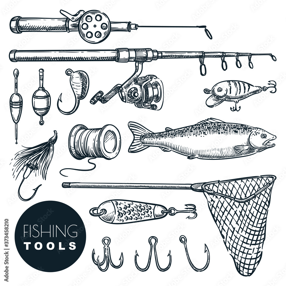 Fishing equipment isolated on white background. Vector hand drawn sketch  illustration. Rod, bait, hook, tackle icon set Stock Vector