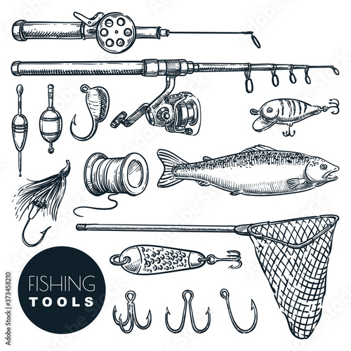 Fishing equipment isolated on white background. Vector hand drawn sketch illustration. Rod, bait, hook, tackle icon set