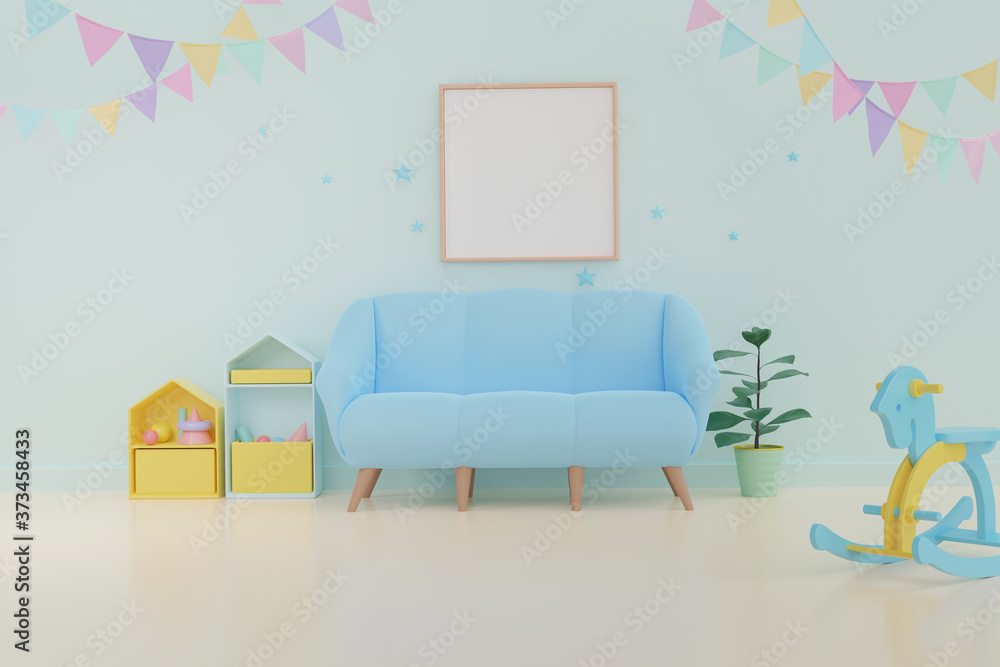 Obraz premium Home interior photo frame mock up on white wall background. Baby room interior. 3D rendering. Minimal style