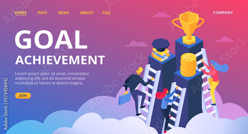 Finance, education goal achievement vector illustration. Success business target, businessman challenge progress for award concept. Strategy for gold symbol trophy background, leader growth.