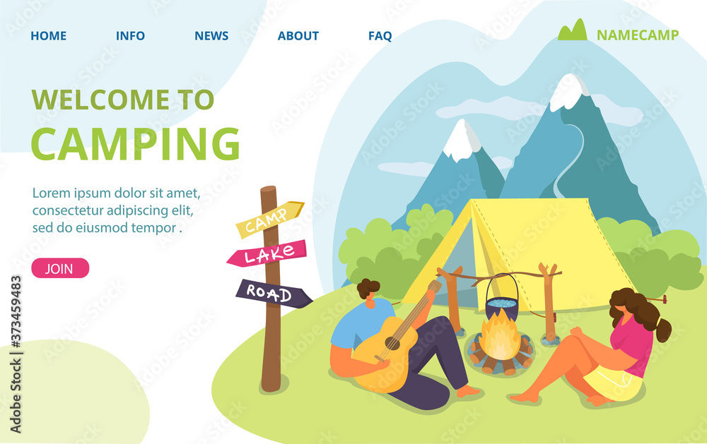 Couple travel with tent, man woman summer vacation at nature camp vector illustration. Cartoon outdoor tourism in forest, people hiking. People character near fire, holiday camping recreation.