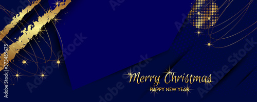 Modern festive Christmas and Happy New Year gold design on a dark background abstract shiny color golden. Vector modern dressy banner
