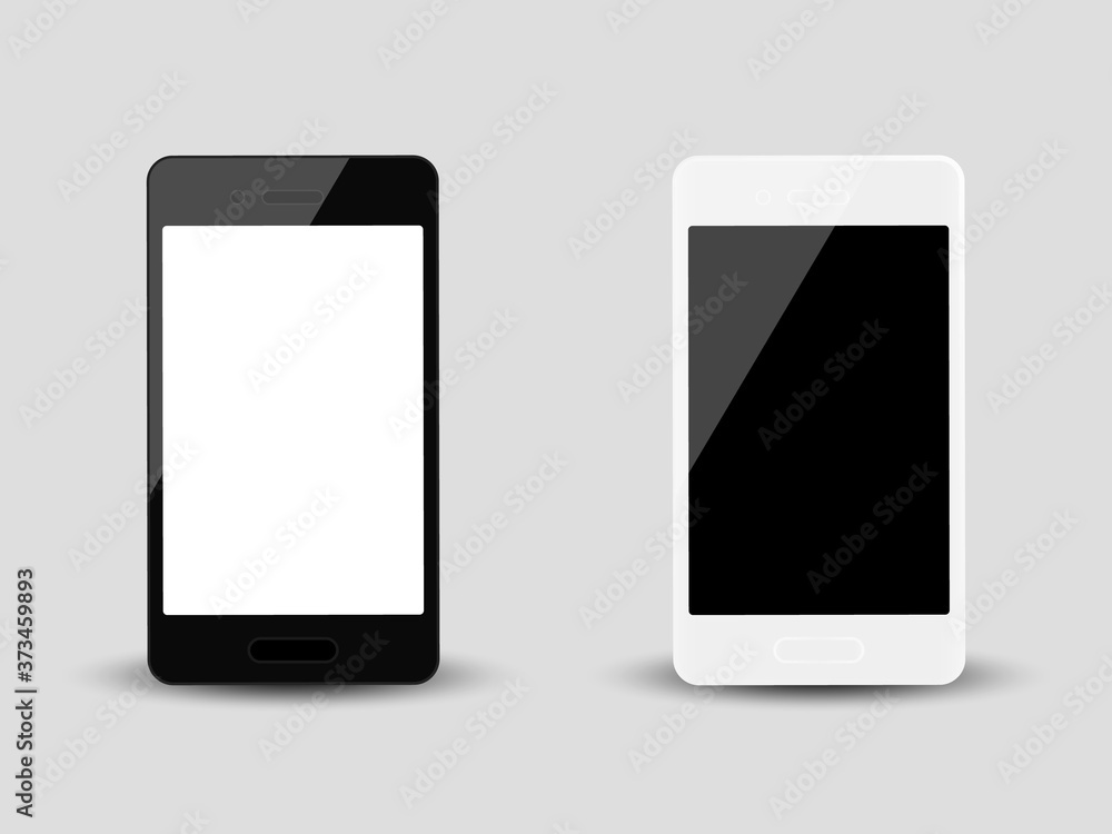 Realistic smartphone mockup set. Black and white telephone on grey background. Cellphone display front view mock up. Realistic smartphone mockup set. Black and white telephone on grey background. Cellphone display front view mock up.