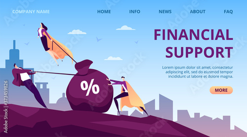 Business financial support by people hero, flat super leader person vector illustration. Successful help for man work, executive leadership woman fly. Worker helper group, manager in cape.