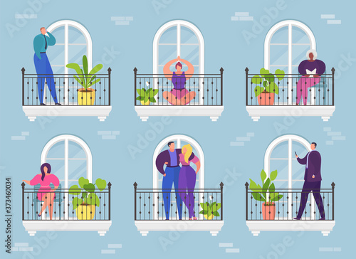 Cartoon woman man in apartment balcony, architecture hotel building vector illustration. Home window to city, house residential neighborhood. Neighbor outside, street facade view design concept.