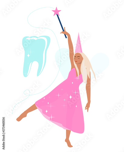 Tooth fairy holds a magic wand,advertises root canal treatment,implants.Princess dancing in transparent shiny dress barefoot.Congratulations for baby and parents.Vector poster for children's dentistry