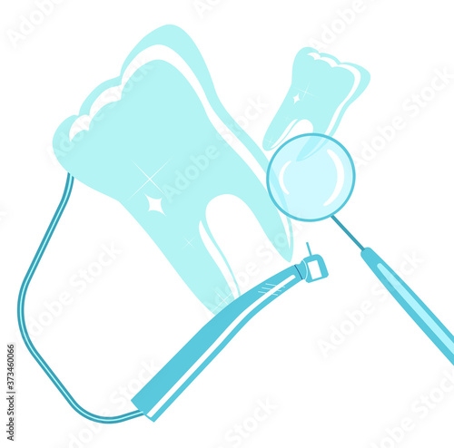 Dental treatment illustration. Drilling machine with nozzle and orthodontics mirror. Root canal filling.Prosthetics or crown concept.Oral cavity disease and curing.Vector poster for stomatology clinic