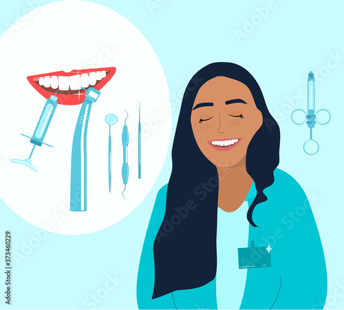 Caucasian orthodontics smiling and advertises treatment in clinic.Root canal filling,oral cavity disease poster.Template with dental tools and instruments.Young woman is a doctor in medical gown.