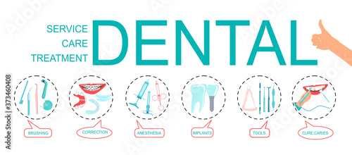 Dental word vector infographic illustration with icons for orthodontic treatment and care,stomatological tools,implants,tooth with caries,oral hygiene.Bubble messages for every part of dental business