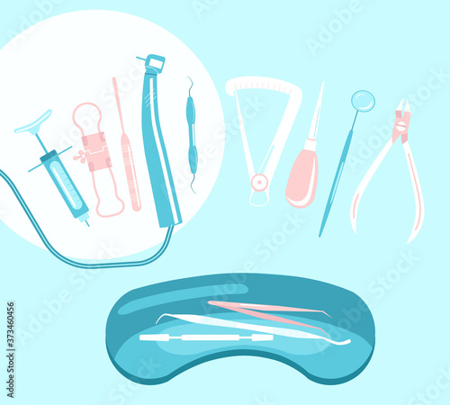 Dental tools and instruments in metal tray and around.Orthodontic prosthetics and filling, treatment of diseases of the oral cavity and caries.Tweezers,probe,spatula,drill and others vector for clinic