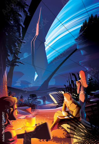 Futuristic campfire on other planet