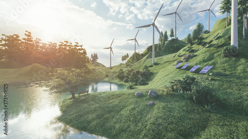 Windmills in forest generating wind energy concept 3d illustration.