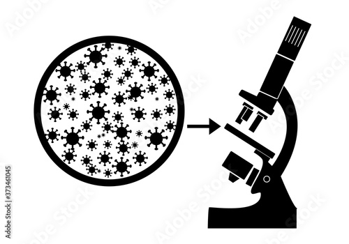 Microscopio con ampliación de virus de covid-19 o viruela del mono sobre fondo blanco