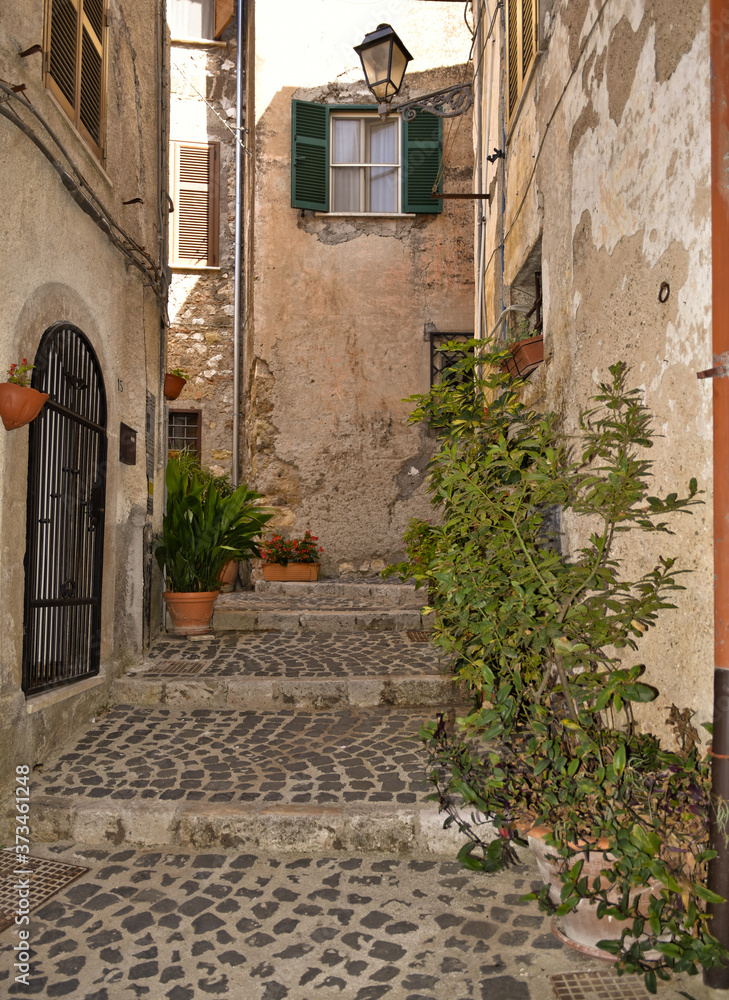 A small street between the old houses of Giuliano di Roma, of a medieval village in the Lazio region, Italy.