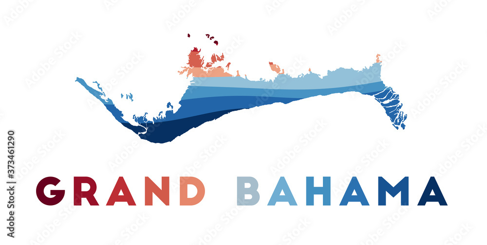 Obraz premium Grand Bahama map. Map of the island with beautiful geometric waves in red and blue colors. Vivid Grand Bahama shape. Vector illustration.
