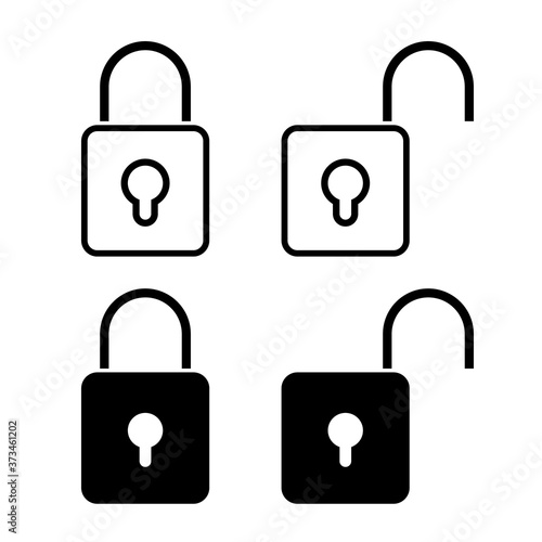 Black isolated outline icon of locked and unlocked lock on white background. Set of Line Icon of padlock.