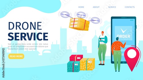 Drone delivery vector illustration set. Cartoon flat delivering service banners with drone transportation, quadcopter transport shipping boxes, flying over modern city, futuristic aerial shipment