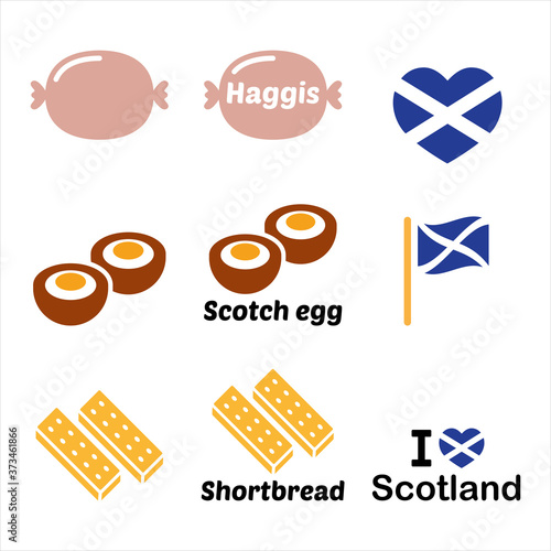 Scottish food - Haggis, Scotch egg, Shortbread icons set. Traditional meals design from Scotland
 photo