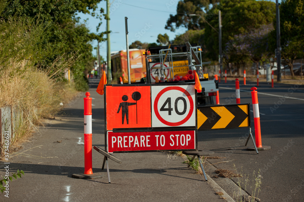 Obraz premium Australia Victoria road sign. Speed limit 40, prepare to stop.