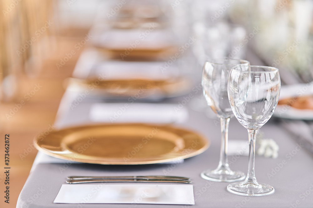 Table set for an event party or wedding reception. Banquet table design