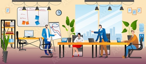 Office with business people, vector illustration. Teamwork creative meeting, team work brainstorming at table design concept. Corporate coworking with human group, flat person job with laptop.