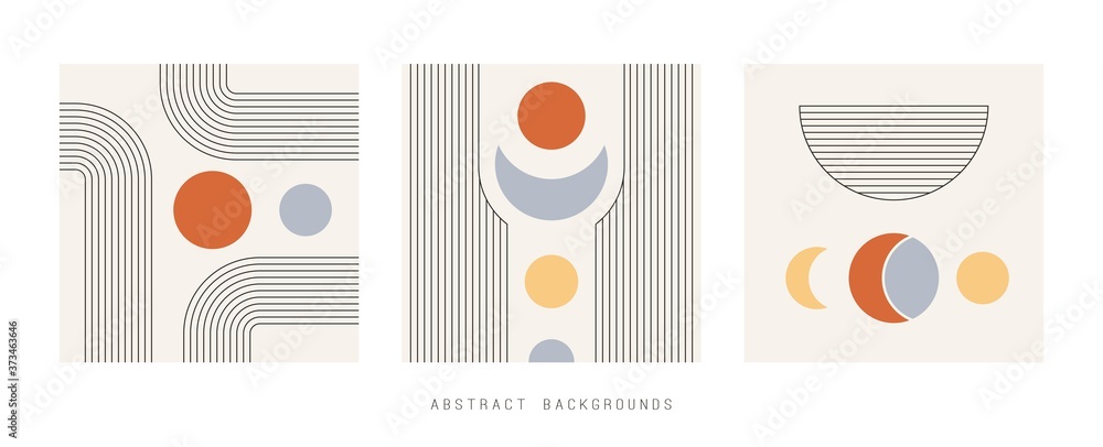 Set of three Vector Abstract Backgrounds. Circles, Lines, Curves. Geometric Design, line art. Minimalistic boho elegant concept. Square Patterns are isolated on white. Pastel colors. Poster template