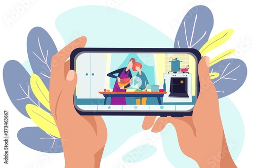 Online chief blog in internet, vector illustration. Man woman cook show at video vlog, blogger character cooking technology. Recipe at kitchen design on screen, professional chanel.
